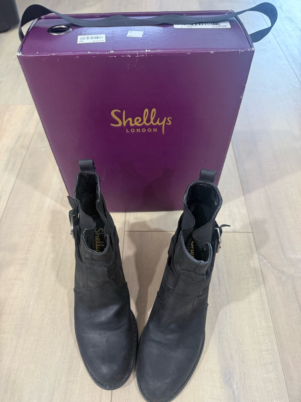 Shellys London Black Leather Buckle Ankle Boots